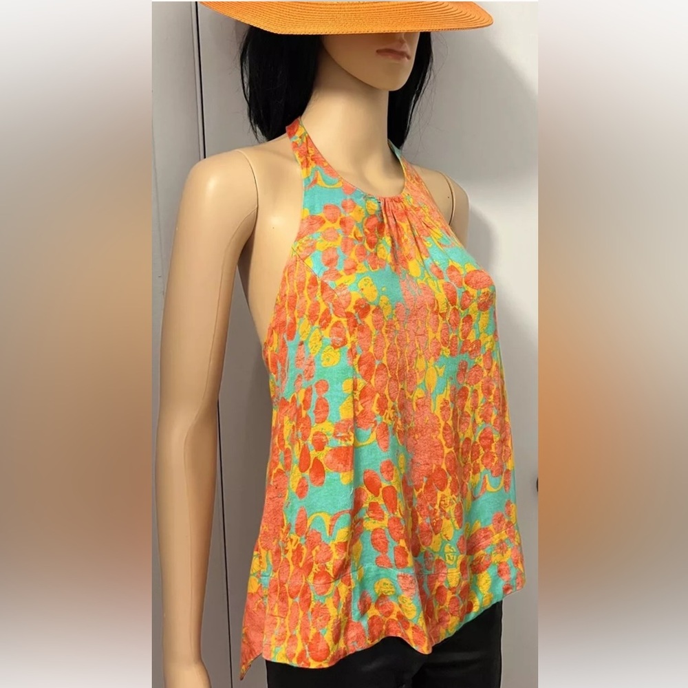 Farm Rio Orange Multi Halter Bare Back Shirt Top Sz Small